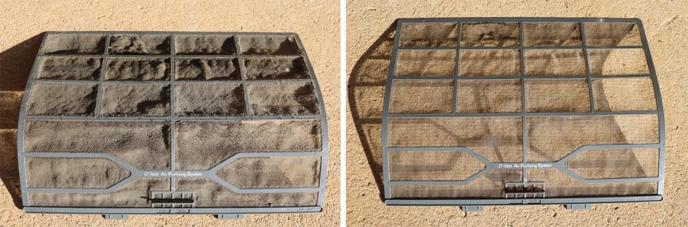 An air conditioner filter before & after being cleaned with the Dyson V11.
