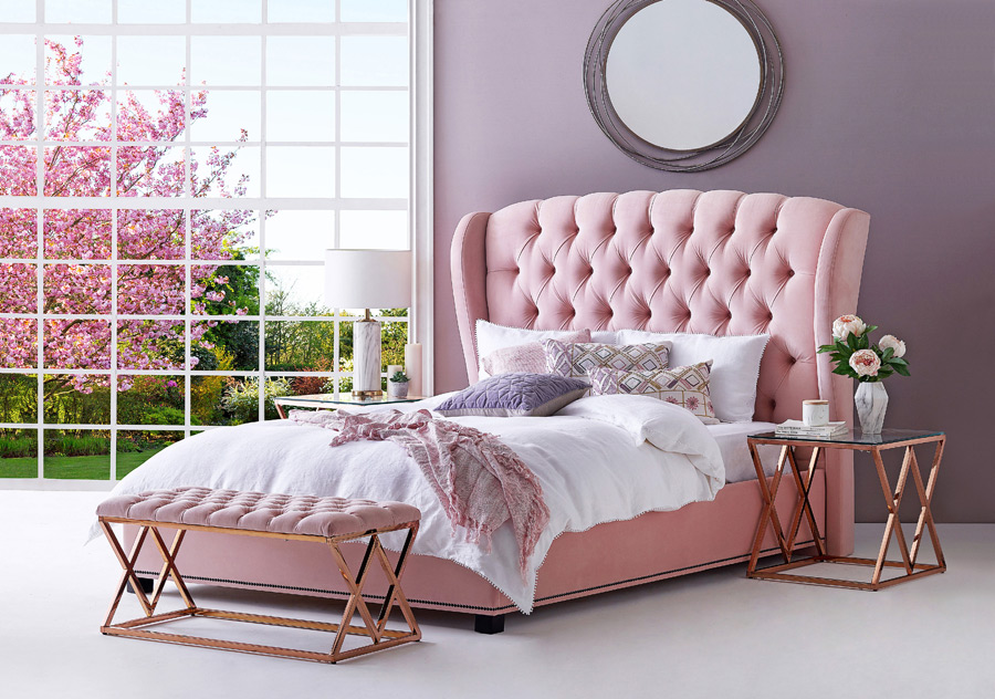 Beatrice-pink-fabric-upholstered-bed