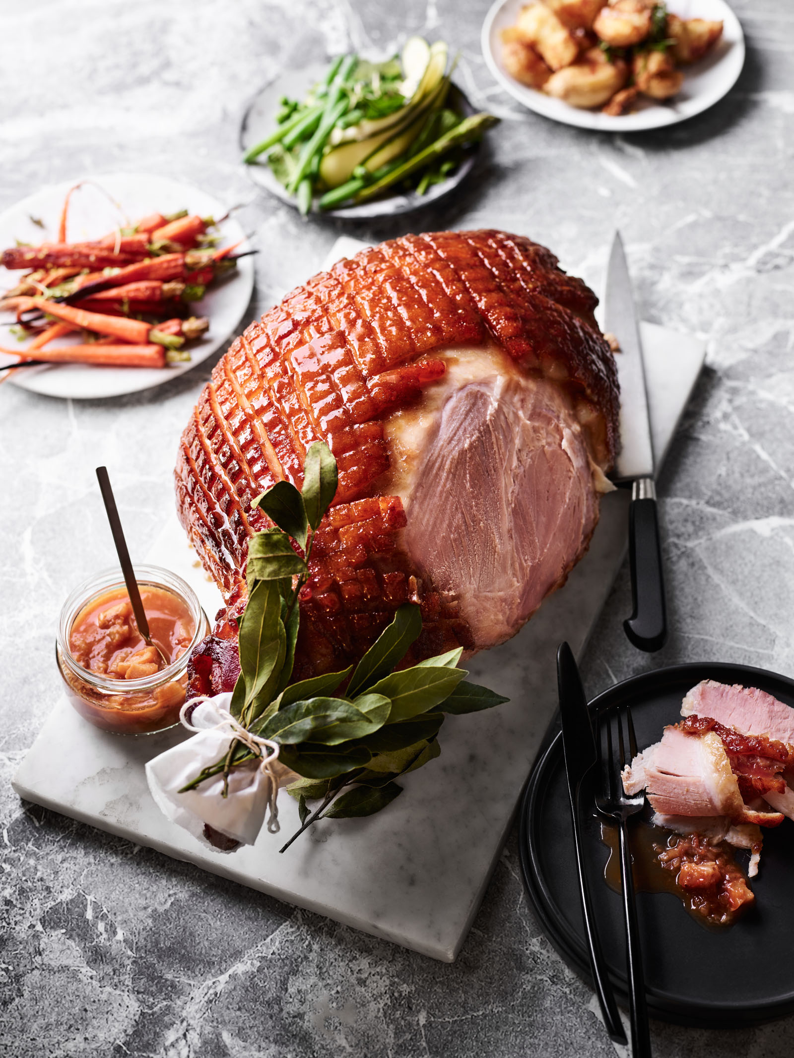 Bourbon, Maple and Mustard Glazed Ham with Peach Chutney and Sides