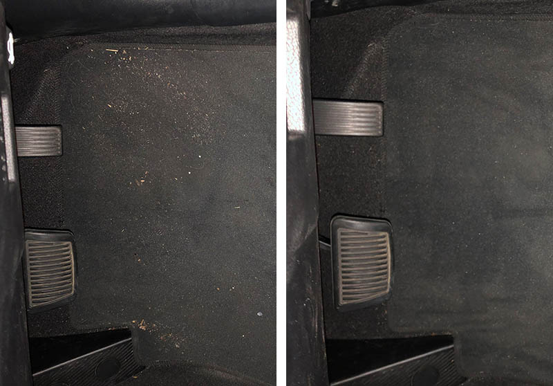 Our Miele Triflex HX1 reviewer's car floor before and after using the stick vacuum.