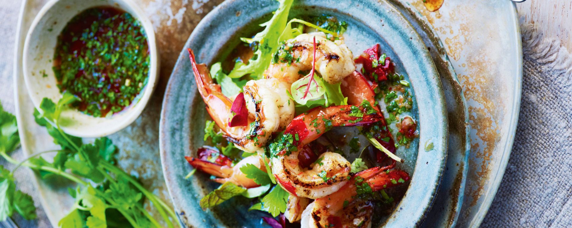 Charred Lemongrass and Lime Prawns with Spicy Coriander Dressing
