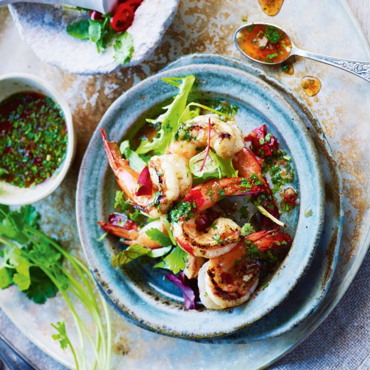 Charred lemongrass and lime prawns with spicy coriander dressing recipe
