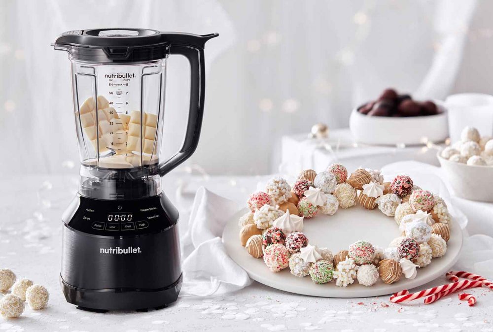 Chocolate Truffle Christmas Wreath next to a Nutribullet Blender.