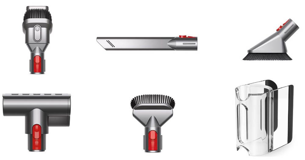 Six of the tools that come with the Dyson V11 Absolute Extra Cordless Vacuums.