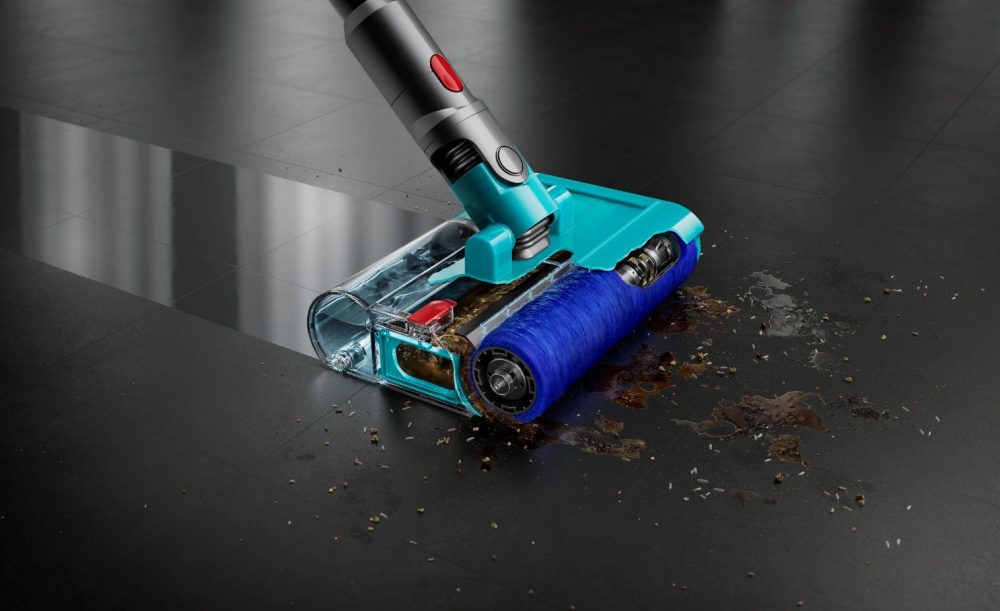 The Dyson V15S with Wet Roller Head attached.