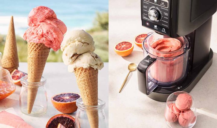 A collage image. On the left are two ice cream cones, one with a scoop of blood orange sorbet and the other with a scoop of biscoff yoghurt and caramel icecream. On the right is the Ninja CREAMi™ Deluxe 11-in-1 Ice Cream and Frozen Treat Maker with the blood orange sorbet inside.