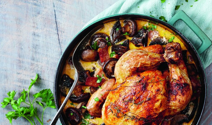Garlic butter roast chicken with mushroom and tarragon sauce