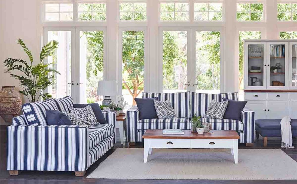 Eastport Sofas pictured in blue and white fabric for a Hamptons Look.