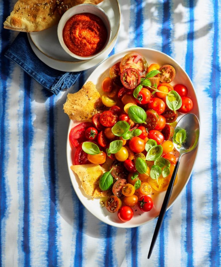 Heirloom Tomato Salad with Smoky Romesco Sauce.