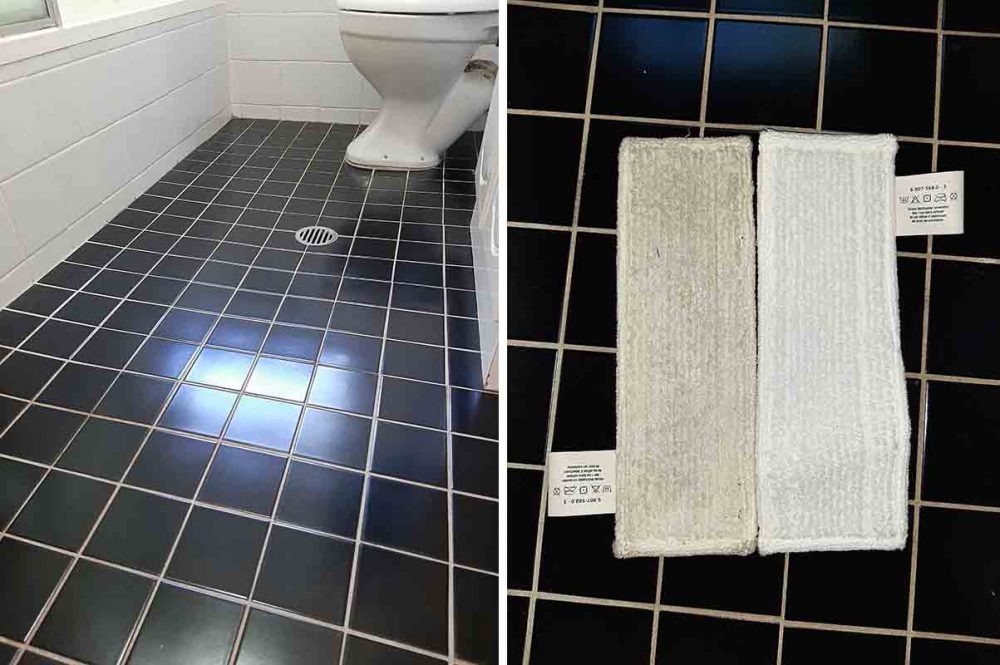 A Karcher SC 5 cloth that has been used, next to a clean one.