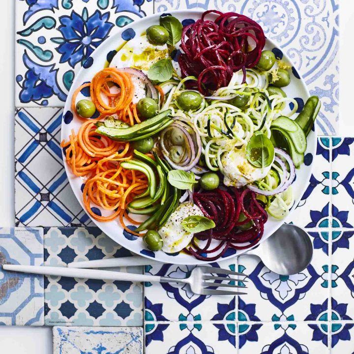 Mediterranean-Style Salad with Raw Vegetable Noodles.