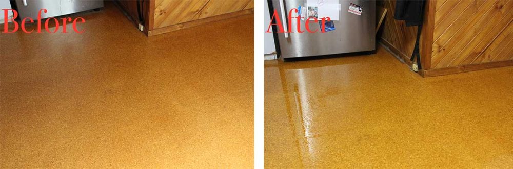 Before & After photos of a polished cork floor upon using the Bissell SpinWave Cordless Mop.