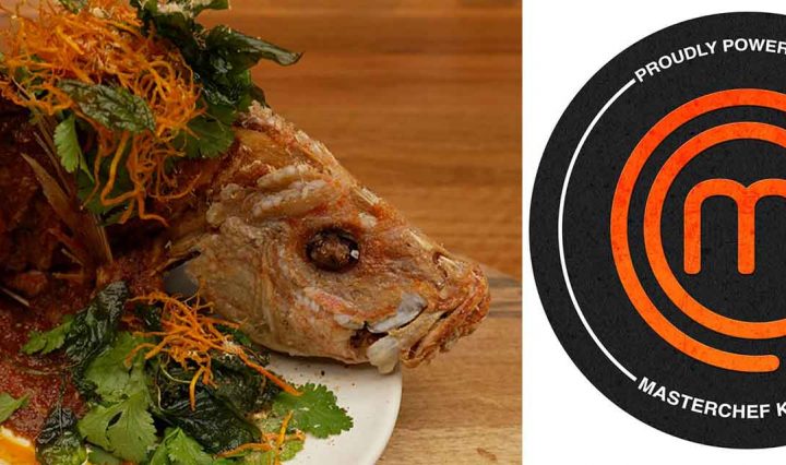 The MasterChef logo next to a plated dish of Hot and Sour Crispy Fried Fish.