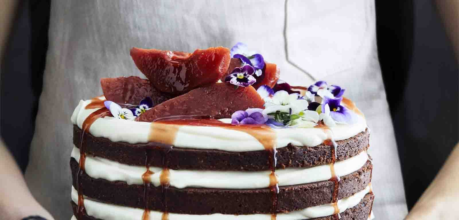 Rich Chocolate Yoghurt Cake with White Chocolate Ganache and Poached