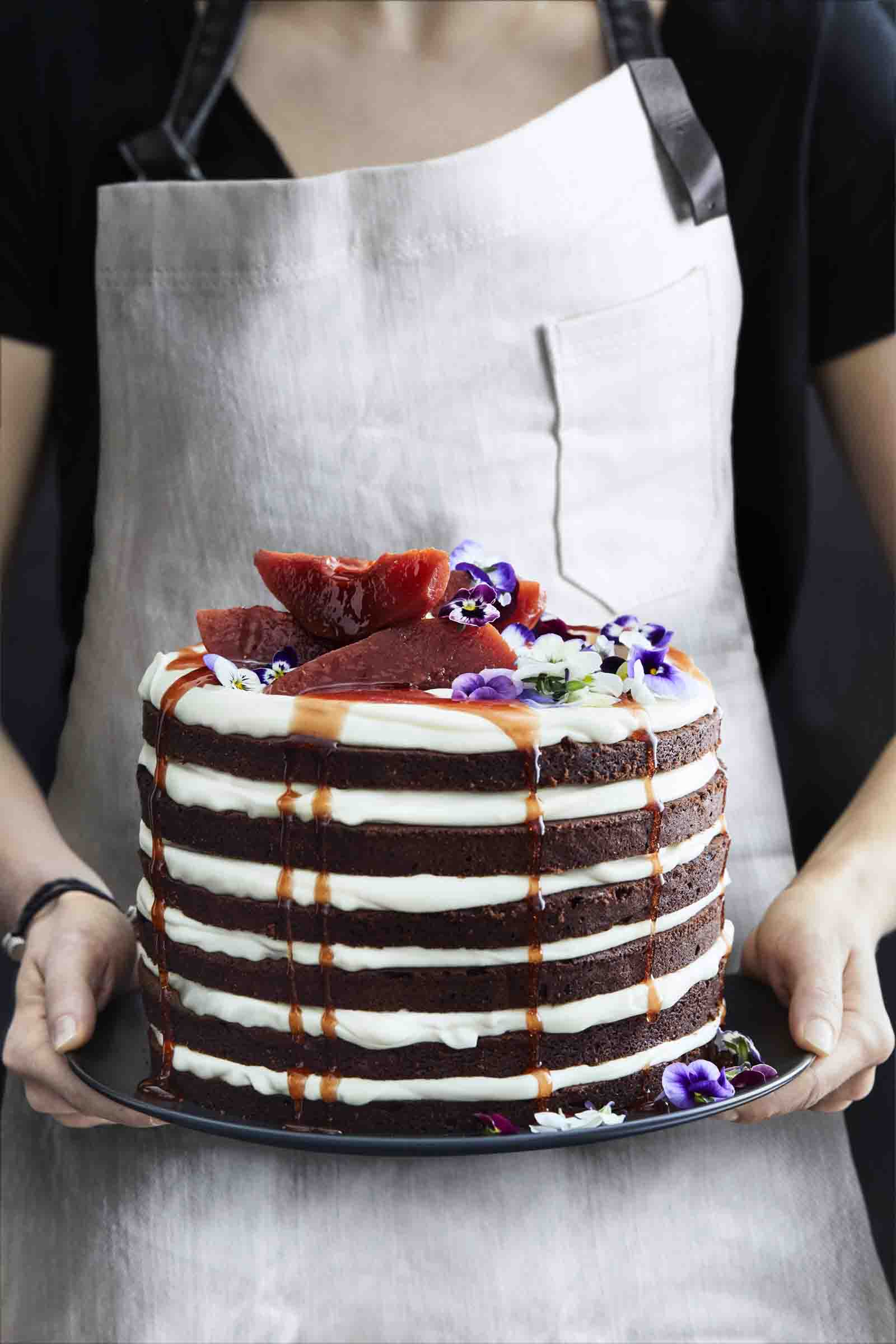 Rich Chocolate Yoghurt Cake with White Chocolate Ganache and Poached