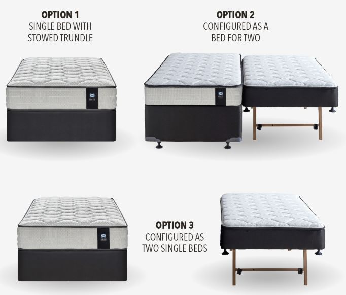 Three configurations of the Sealy Singles Omni Single Trundle Set.