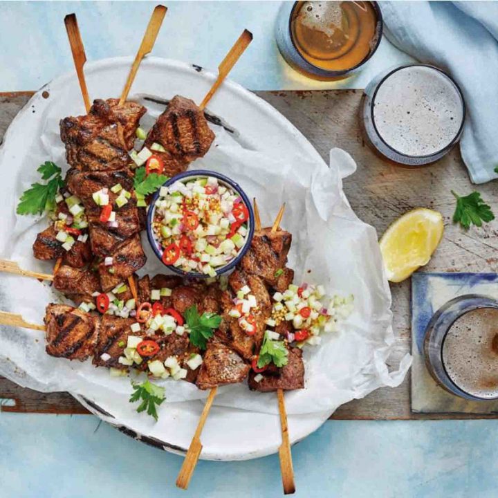 Recipe for Spicy Soy Lamb Skewers with Nashi Pear Salsa.