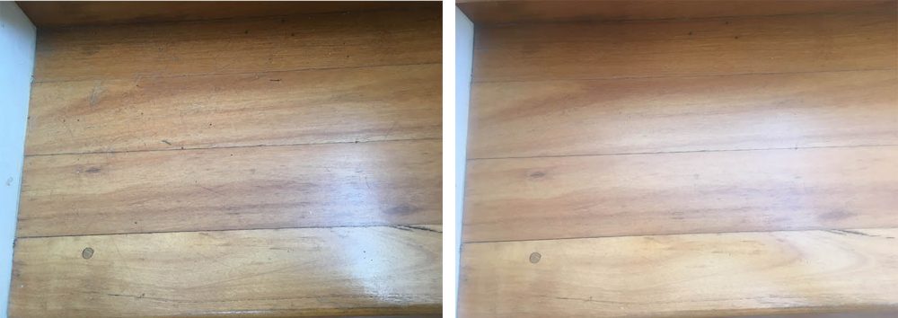 Before and after images of stairs cleaned with the Dyson V11 Outsize Cordless Vacuum.