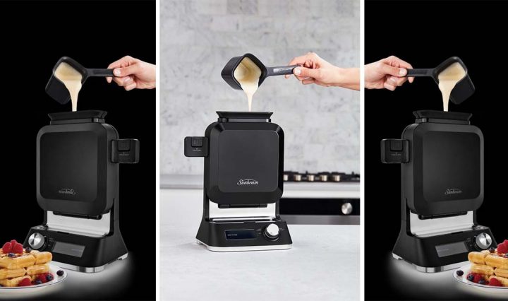 A collage of the Sunbeam Shade Select Vertical Waffle Maker.