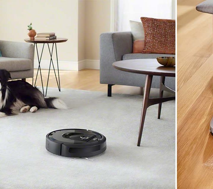 The iRobot Roomba i7+ Robotic Vacuum cleaning the carpet and the iRobot Braava jet m6 mopping floorboards.
