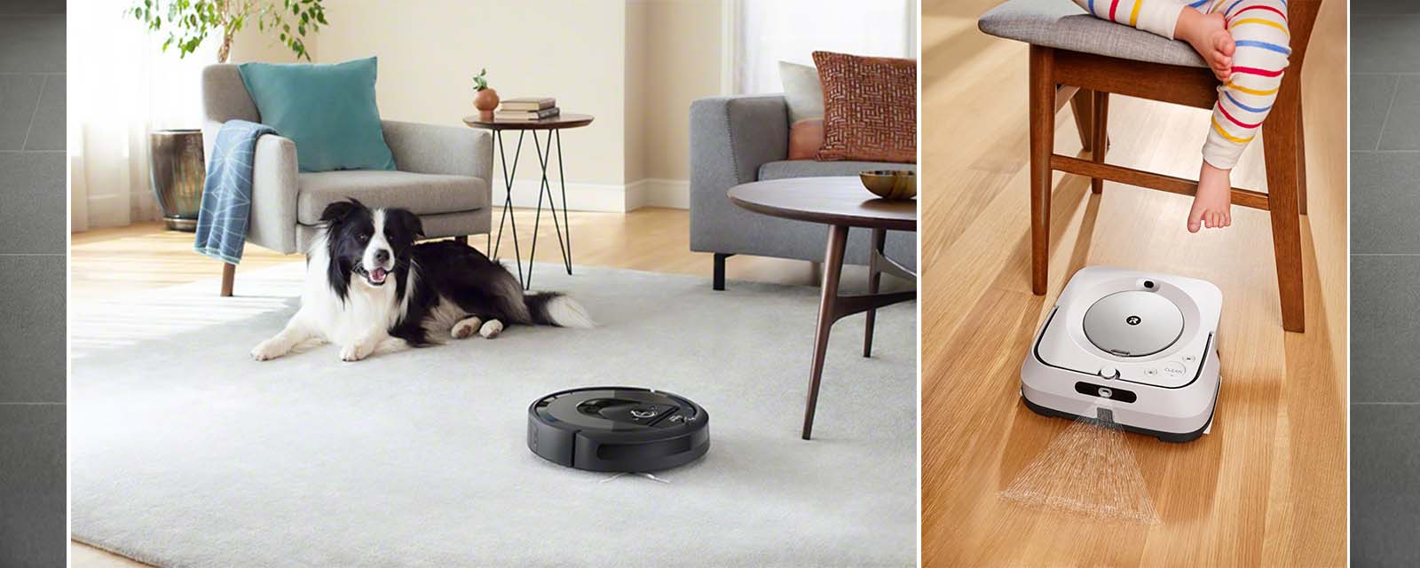 The iRobot Roomba i7+ Robotic Vacuum cleaning the carpet and the iRobot Braava jet m6 mopping floorboards.