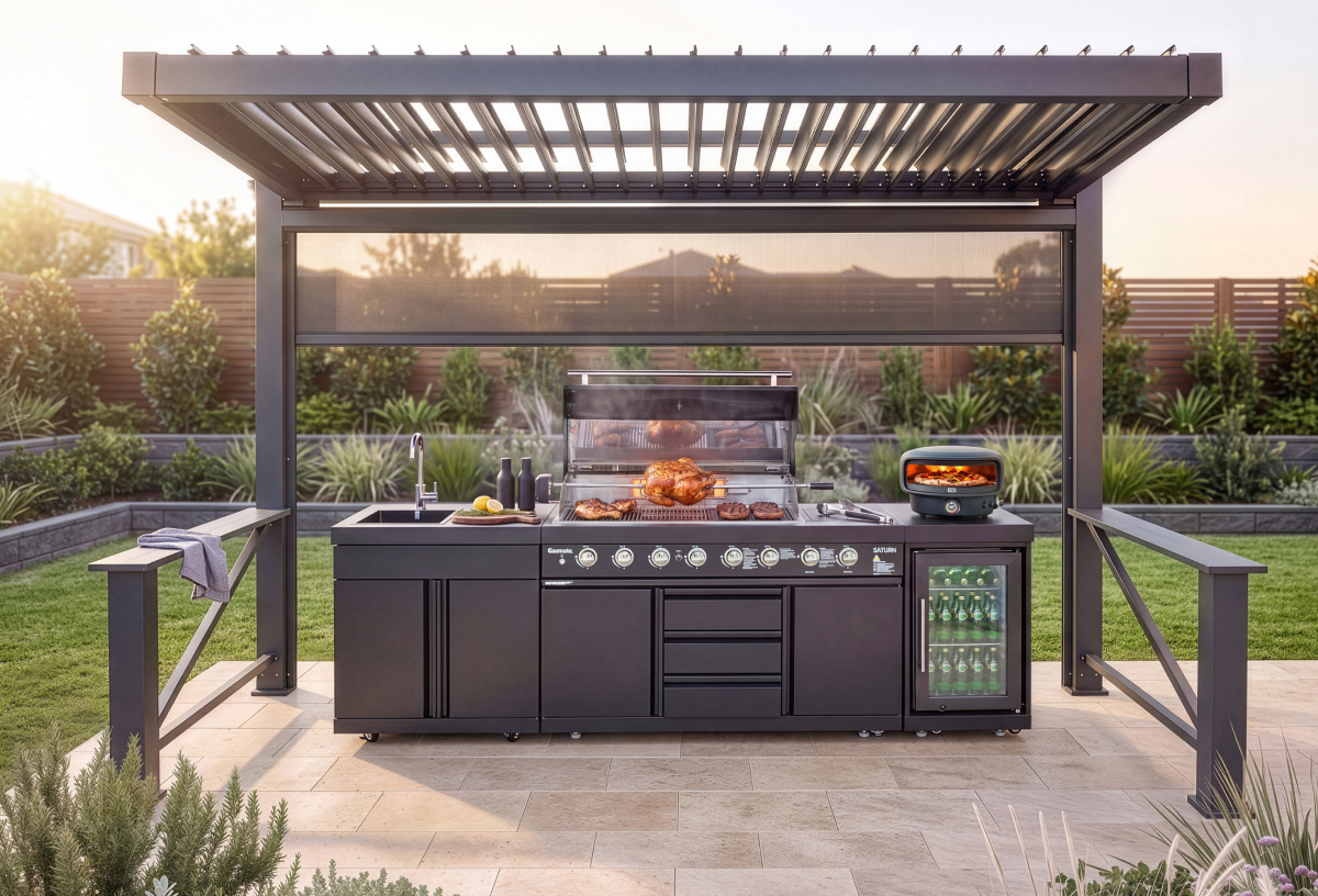 Harvey Norman exclusive black BBQ gazebo with adjustable louvred roof sheltering a barbecue and outdoor kitchen. 