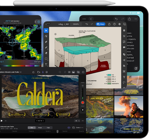 iPad Pro, front exterior, landscape orientation, space black colour, Apple Pencil resting atop device, display showing multiple app windows tiled, including Final Cut Pro with multiple video editing features and timeline, Maps, Notes and various media clips