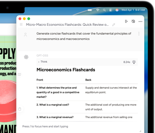 MacBook Air screen showing Apple Intelligence Writing Tools creating flash cards about micro- and-macro economics