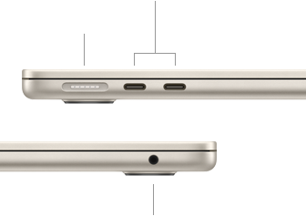 MacBook Air, closed, left side, showing MagSafe and two Thunderbolt ports, right side, showing headphone jack