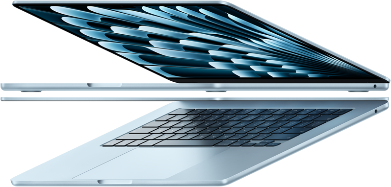 Two open MacBook Air laptops in sky blue colour forming arrow shape, emphasising narrow profile