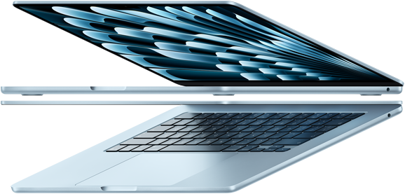 Two open MacBook Air laptops in sky blue colour forming arrow shape, emphasising narrow profile