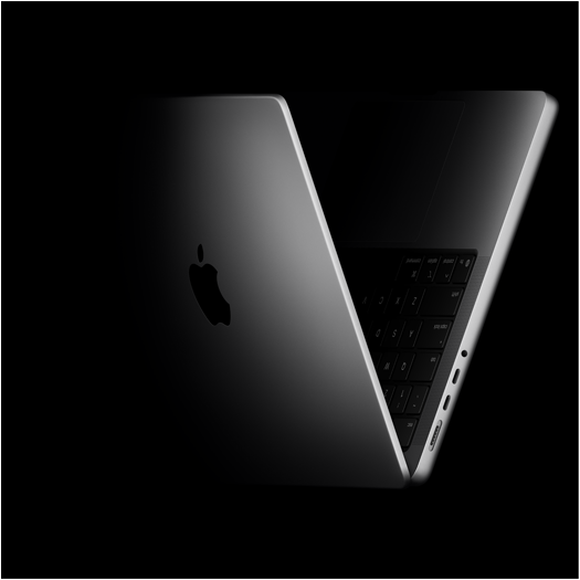 MacBook Pro positioned into the shape of a V, referencing the M5 chip family