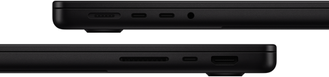 Showing the ports on MacBook Pro — left side: MagSafe 3, two Thunderbolt ports and headphone jack — right side: SDXC card slot, one Thunderbolt port and HDMI