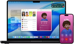 MacBook Pro and iPhone 16 Plus, Phone app open, same contact displayed on both screens