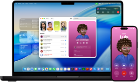 MacBook Pro and iPhone 16 Plus, Phone app open, same contact displayed on both screens
