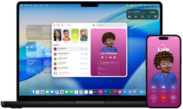 MacBook Pro and iPhone 16 Plus, Phone app open, same contact displayed on both screens