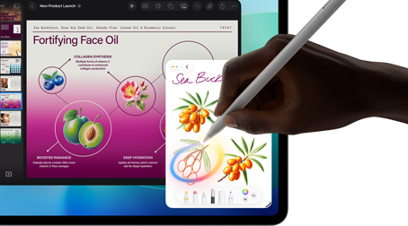 iPad Pro, front exterior display with dark blue and green gradient background with multiple apps open, hand holding Apple Pencil Pro circling a sketch showing Apple Intelligence Image Wand feature