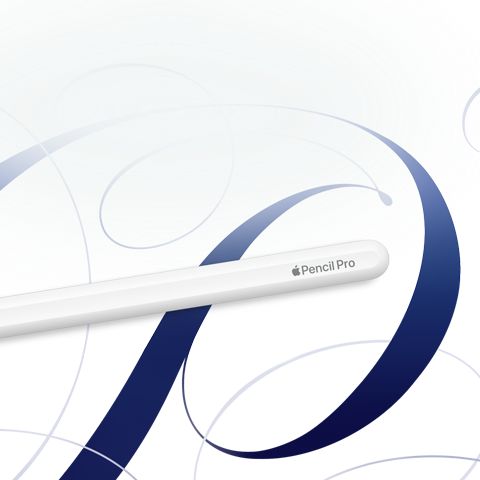Apple Pencil Pro, white, shown on a white background with blue swirls
