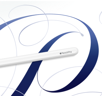Apple Pencil Pro, white, shown on a white background with blue swirls