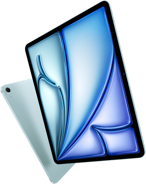 Front angle of 13-inch iPad Air, colourful display on screen, 11-inch iPad Air with back exterior and 12MP Wide back camera