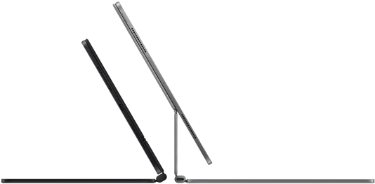 Two iPad Pro devices attached to Magic Keyboard, side exterior, thin profile, space black colour with speakers and USB-C port, tilted half open, silver colour, open, tilted back showing the keyboard’s floating cantilevered design, speakers and microphone