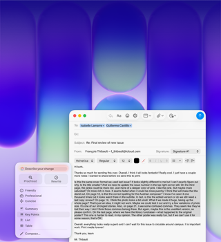 MacBook Neo screen, using Apple Intelligence Writing Tools in Mail to revise a long paragraph in an email containing feedback on a publication