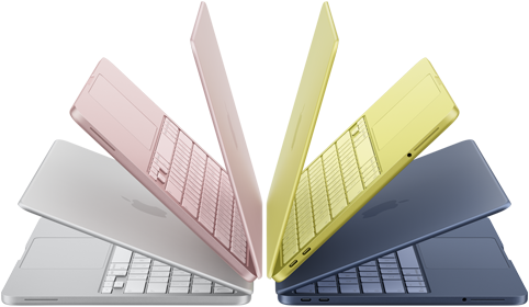 MacBook Neo laptops in silver, blush, citrus and indigo colours, slightly open and arranged in an arch formation