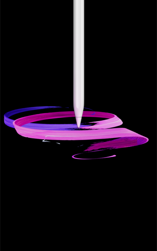 Apple Pencil Pro, front exterior, portrait orientation, side profile, white colour, drawing abstract purple and pink ribbons design